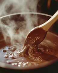 Melted chocolate, velvety chocolate melting over a double boiler, steam gently rising