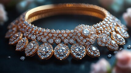 Poster - beautifully crafted 3d gold necklace earrings set with sparkling diamonds displayed on a clean minim