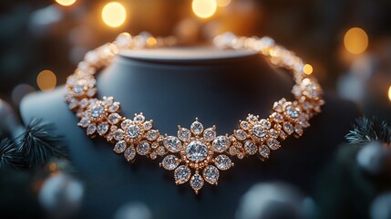 Poster - Beautifully crafted 3D gold necklace earrings set with sparkling diamonds displayed on a clean minimalistic black background for an elegant and opulent appearance