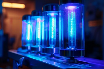 Poster - Laboratory equipment glowing blue in a modern research facility