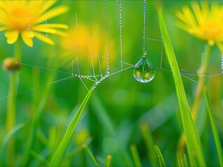 Sticker - A dewdrop hangs from a spiderweb, reflecting the surrounding flowers. AI.