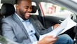 © sergio - A man smiles while reading a document in his car. AI.