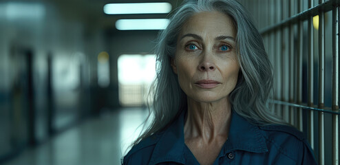 Sticker - Portrait of an older woman with gray hair wearing a dark blue shirt and jacket, against a prison background.