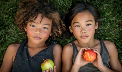 Wall Mural - Two young girls laying on the grass holding apples. AI.