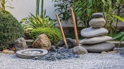 Poster - A serene meditation garden with zen gardening tools and peaceful sculptures, Zen gardening tools arranged in a minimalist garden setting, Zen garden style