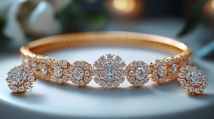 Fototapete - Beautifully crafted 3D gold necklace earrings adorned with diamonds arranged on a white backdrop for a luxurious and refined jewelry display