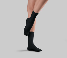 Poster - Template of black long socks on women's legs, one ankle stretched, side view, for print, isolated on background.