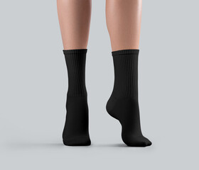 Poster - Template of black long gaiters on women's legs on tiptoes, one foot front view, other side, for design, branding.