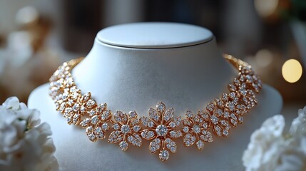 Poster - beautifully crafted 3d gold necklace earrings adorned with diamonds arranged on a white backdrop for