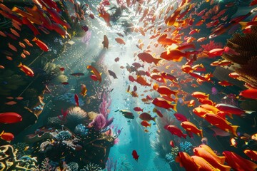 Canvas Print - A school of fish swimming through a vibrant coral reef. AI.