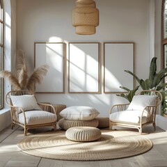 Aufkleber - A living room interior, with a lot of natural light and three empty poster mockups hanging on the wall.