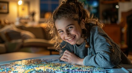 Canvas Print - A young girl smiles as she works on a jigsaw puzzle. AI.