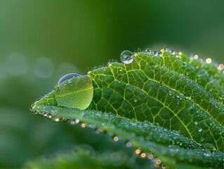 Wall Mural - Dew drops on a green leaf. AI.