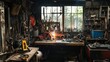 © ArpPSIqee - A serene metal sculpture workshop with welding tools and metal pieces, Metalworking tools arranged around a sculptor's workspace, Industrial workshop style