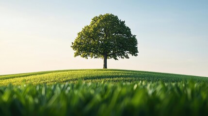 Aufkleber - Lone tree on a green hill under a clear sky, peaceful landscape, natural beauty.