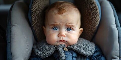 Poster - A baby in a car seat looking serious. AI.