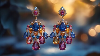 Poster - Bold chandelier earrings a mix of colored gemstones set against a plain minimalistic backdrop drawing attention to their intricate and vibrant design