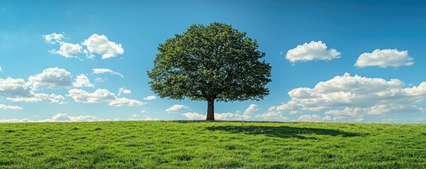 Poster - Solitary tree on a grassy hill under a bright blue sky with fluffy clouds.