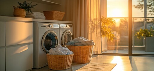 Poster - Laundry room with washing machine and dryer, clean towels in wicker baskets,  with a sunny view through the window.