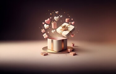 A pink gift box with a gold ribbon sits open, with hearts, gifts, and confetti exploding from inside.