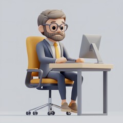 Poster - A man in a suit is sitting at a desk with a computer monitor in front of him. He is wearing glasses and a tie. Concept of professionalism and focus, as the man is likely working on a task or project