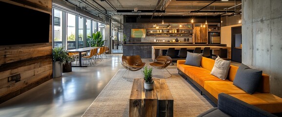 Modern office lounge with a long orange couch, coffee table, and two armchairs.