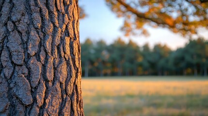 Poster - Textured tree bark with blurred background of field and trees.