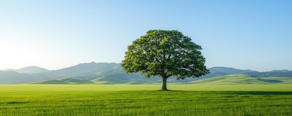 Aufkleber - Lone tree in a green field with mountains in the background under a clear blue sky.