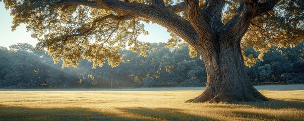 Poster - Large tree casting shade on a sunlit field during golden hour.