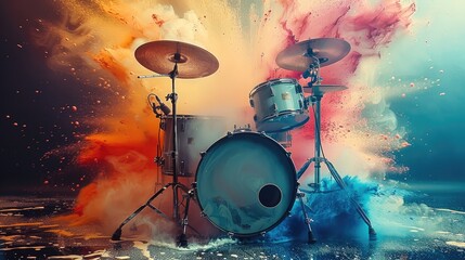 Poster - Old drum set with bright colors coming out the speaker as sound waves.