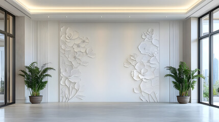Wall Mural - A large white wall with a floral design and two potted plants on either side. The room is empty and has a clean, minimalist look