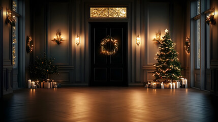 Wall Mural - A large room with a black door and a Christmas tree in the corner. The room is decorated with wreaths and candles