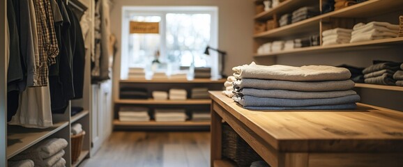 Poster - Stack of folded clothes on a wooden table in a well-organized room with a shelf filled with towels and a closet in the background.