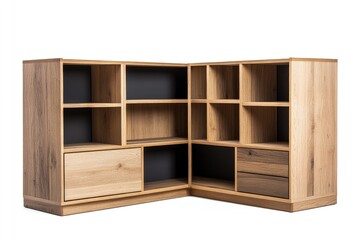 Wall Mural - Corner Wooden Bookcase with Open Shelves and Drawers