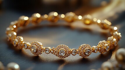 Poster - Delicate 3D gold bracelet glimmering stones showcased on a minimalistic matte background combining the richness of gold with the simplicity of modern clean lines and refined aesthetics