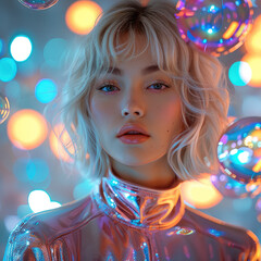 Canvas Print - A beautiful young woman with light hair and a trendy haircut, with perfect make-up, in a futuristic costume, is standing inside a neon soap bubble. Other neon soap bubbles are flying around her.