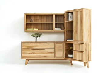 Wall Mural - Wooden Corner Cabinet with Open Shelves and Drawers