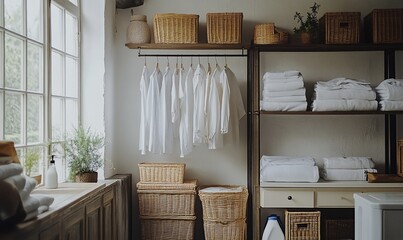 Poster - White shirts and towels hanging in a laundry room with a window, wicker baskets, and shelves.