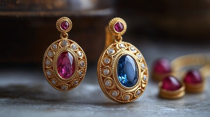 Poster - Delicate 3D gold earrings adorned radiant gemstones paired with an intricate locket and necklace set on a clean minimalistic background to highlight the craftsmanship