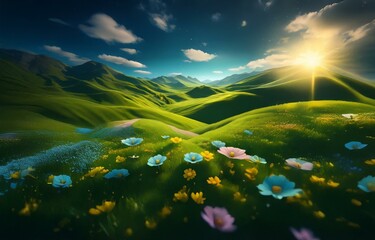 A bright sun shines over rolling green hills with vibrant flowers blooming in a meadow.