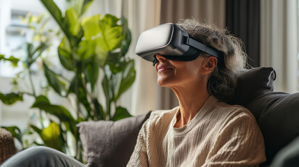 woman relaxes on sofa wearing virtual reality headset, surrounded by lush indoor plants, enjoying immersive experience in cozy living room