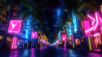 Wall Mural - A vibrant, neon-lit avenue flanked by palm trees, showcasing colorful light displays in a lively night scene.