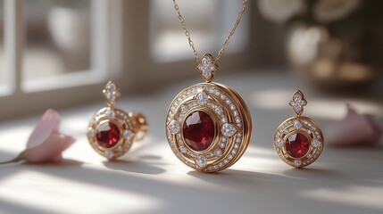 Poster - Delicate 3D gold locket adorned radiant gemstones paired with elegant earrings and a matching necklace set on a soft minimalistic background to highlight the beauty of the design