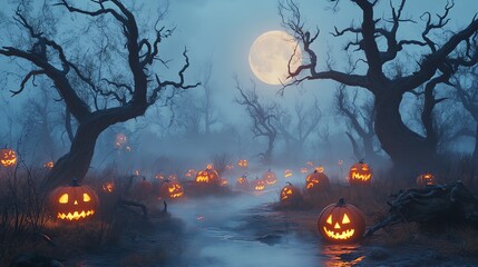 Wall Mural - A spooky Halloween scene with glowing jack-o'-lanterns in a foggy forest.