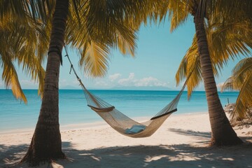 Wall Mural - a hammock tied between two palm trees on a beach, gently swaying in the breeze, with a book resting 