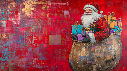 Whimsical Santa Claus with large sack of colorful gifts brings joy and festive cheer. This vibrant artwork captures spirit of holiday season beautifully