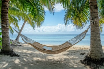 a hammock tied between two palm trees on a beach, gently swaying in the breeze, with a book resting 