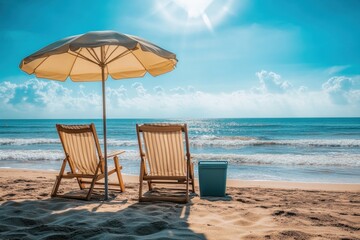 Wall Mural - a pair of beach chairs facing the ocean, under a large umbrella, with a cooler beside them, waves ge