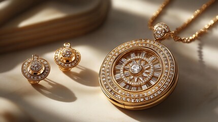 Poster - Delicate 3D gold locket adorned sparkling gemstones suspended next to a matching pair of gold earrings set against a minimalistic neutral backdrop for a refined contemporary look