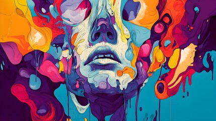 Poster - Abstract Colorful Painting of a Face with Droplets